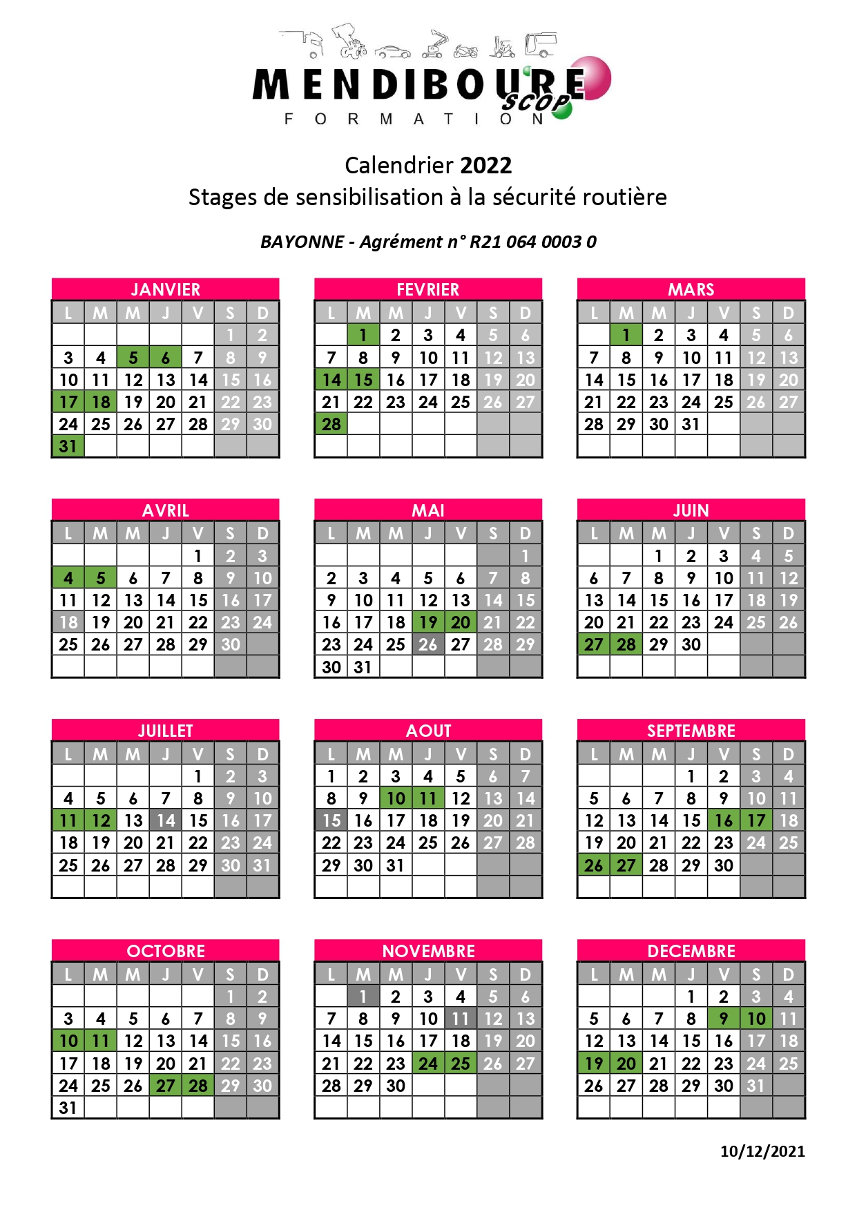 Calendrier 2022 Stages Pap